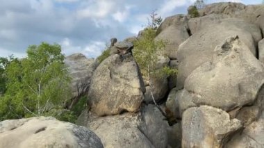 Güneşli bir günde Bubnyshche 'deki Dovbush Kayaları - Ukrayna' daki güzel Karpat ormanları ve dağları arasında fantastik kayalar.