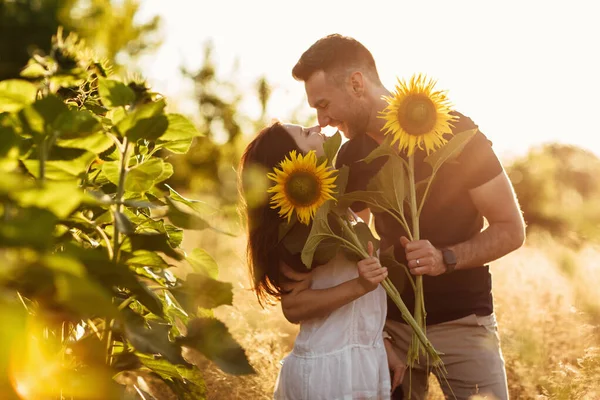 Schönes Paar Küsst Sich Sonnenblumenfeld Bei Sonnenuntergang Ein Verliebter Mann — Stockfoto