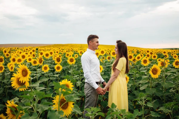 Bella Coppia Diverte Nel Campo Girasoli Uomo Una Donna Innamorati — Foto Stock