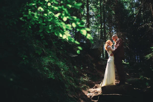 Glückliches Stilvolles Brautpaar Grünen Wald Einem Sommertag Braut Langen Weißen — Stockfoto