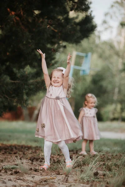 Happy Childhood Little Girls Having Fun Together Outdoors Summer Park — Stock Photo, Image