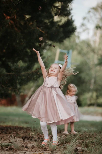 Счастливое Детство Маленькие Девочки Веселятся Вместе Открытом Воздухе Летнем Парке — стоковое фото