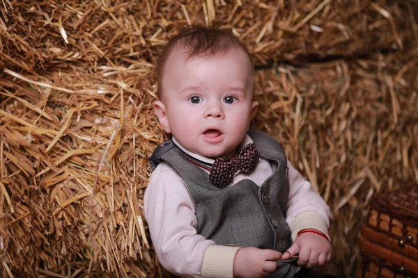 Petit Adorable Bébé Garçon Assis Près Des Meules Foin Intérieur — Photo