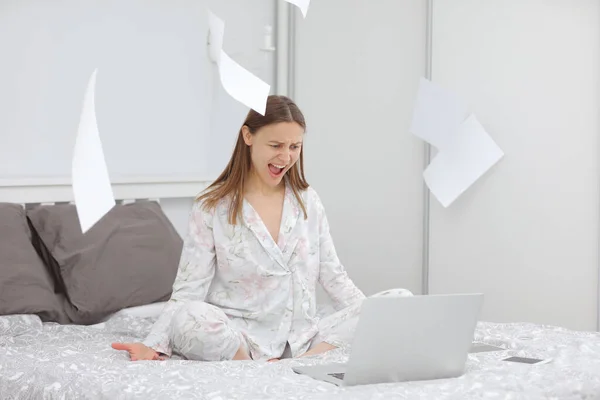 Tired Angry Business Woman Working Home Has Some Problem Homework — Stock Photo, Image