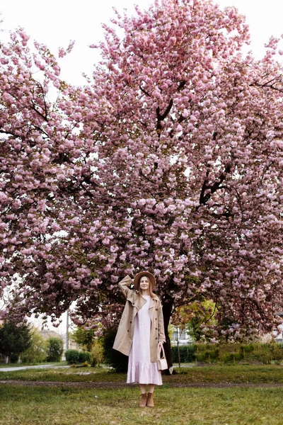 Frauentag Schöne Frau Neben Den Sakura Bäumen Frau Mit Hut — Stockfoto