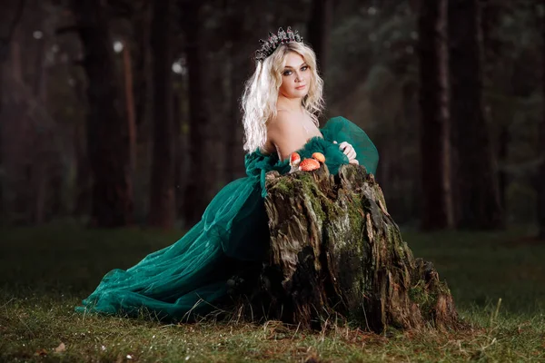 Красивая Блондинка Длинном Зеленом Платье Диадема Голове Лесу Девушка Сидящая — стоковое фото