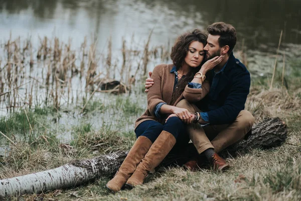 Caucasian Couple Love Autumn Nature Young Bearded Man Curly Woman — Stock Photo, Image