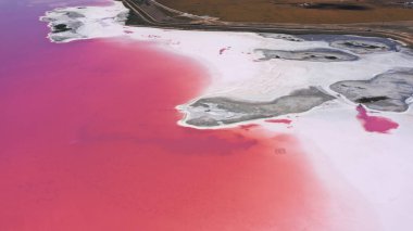 Ukrayna 'da kopyalanmış küçük adaları olan tuzlu deniz manzaralı pembe göle.