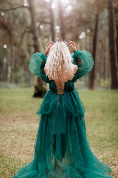 Jovem Linda Loira Cabelo Mulher Rainha Princesa Caminha Outono Floresta — Fotografia de Stock