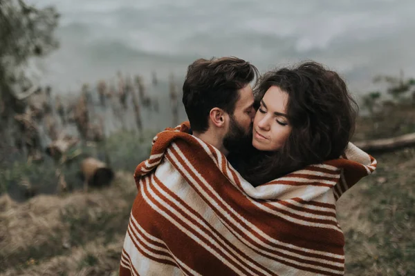 Caucasian Couple Love Autumn Nature Young Bearded Man Curly Woman — Stock Photo, Image