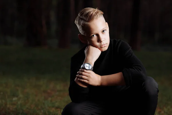 Stylish Attractive Young Guy Fashionable Hairstyle Trendy Black Outfit Enjoys — Stock Photo, Image