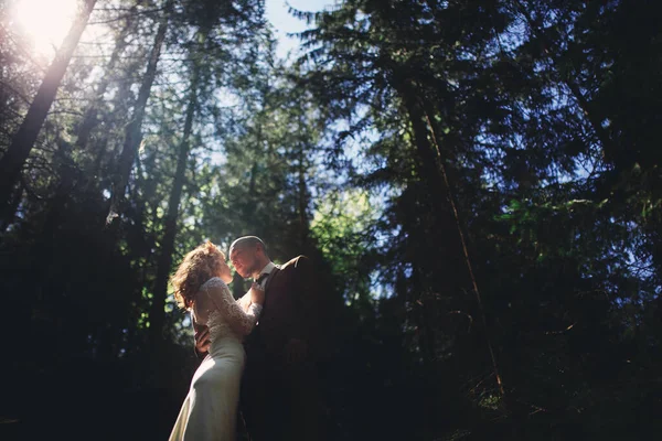 Feliz Pareja Elegante Recién Casados Bosque Verde Día Verano Novia — Foto de Stock