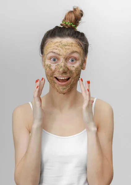 Beautiful Woman Natural Face Mask Clean Skin Rejuvenation Isolated White — Stock Photo, Image