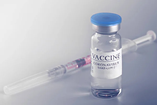 Лікувальна Пляшка Коронавірусною Вакциною Ковід Медичний Скляний Флакон Шприц Вакцинації — стокове фото