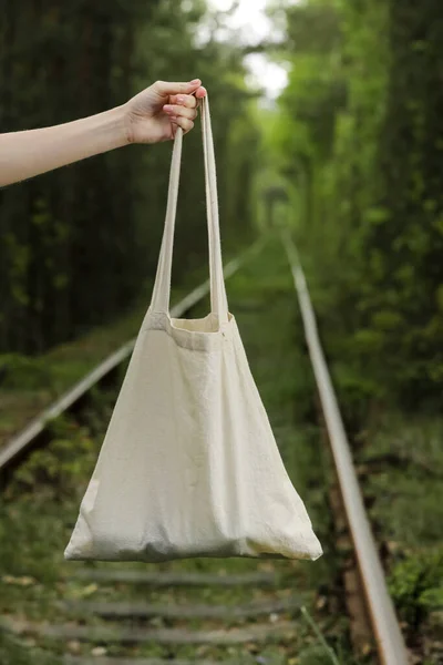 Witte Tote Tas Canvas Stof Met Handvat Mock Ontwerp Close — Stockfoto