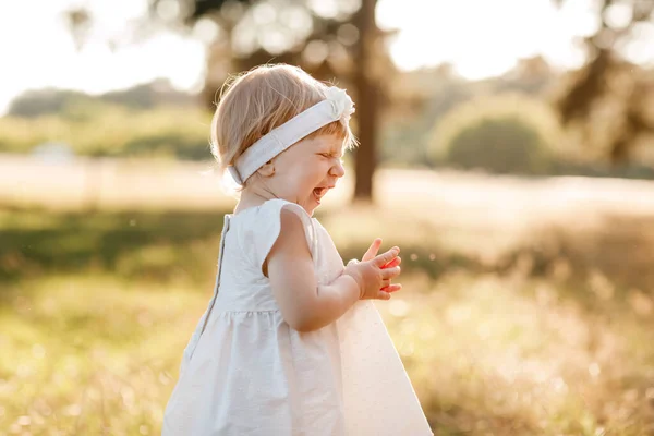 Portrét Malé Krásné Holčičky Přírodě Letní Den Dítě Bílých Šatech — Stock fotografie