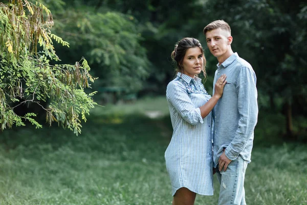 Outdoor Shot Young Happy Couple Love Sunny Day Nature Man — Stock Photo, Image