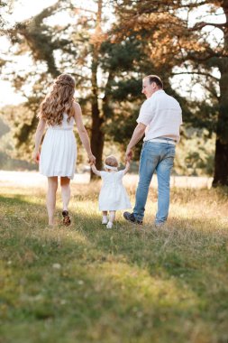 Anne ve babanın el ele tutuşması, kızın doğanın tadını çıkarması ve yaz parkında yürümesi. Genç bir aile tatilde, dışarıda birlikte vakit geçiriyor. Anneler günü, babalar günü, bebekler günü..