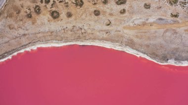 Ukrayna 'nın Genichesk kıyısında, doğal pembe bir gölün havadan çekilmiş resmi. Göl doğal olarak tuzlar ve sudaki küçük kabuklu deniz ürünleri yüzünden pembeleşir. Bu mucize çok nadirdir.