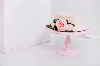 Beyaz stüdyoda 2 yıllık mum ve güllerle süslenmiş güzel beyaz kremalı pasta. Doğum günü partisi - Doğum yılı kavramı, parti, yaşam kutlaması ve unutulmaz anlar