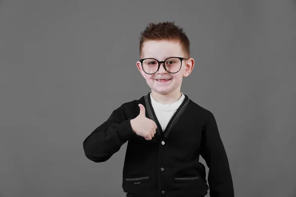 Portrait Happy Little Schoolboy Glasses Smiling Camera Doing Thumbs Gesture — Stock Photo, Image