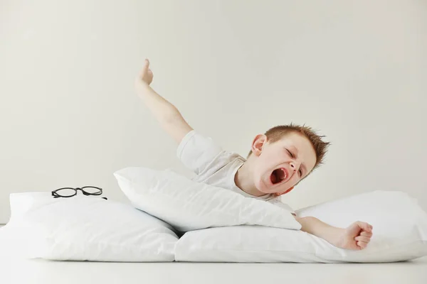 Child Boy Wakes Stretching His Comfortable Bed Morning Health Care — Stock Photo, Image