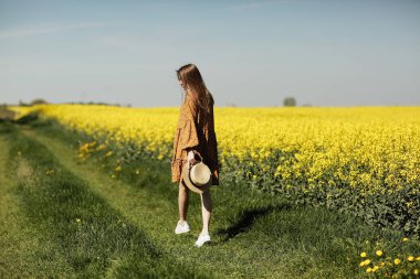 Dikiz aynası. Şapkalı, kolza tohumu tarlasında yaz boyunca yürümüş, arkadan manzaralı güzel bir genç kadın. kopyalama alanı. Yaz tatili konsepti.