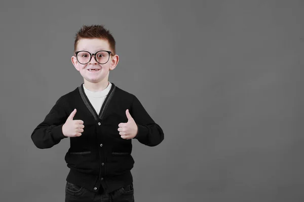 Portrait Happy Little Schoolboy Glasses Smiling Camera Doing Thumbs Gesture — Stock Photo, Image