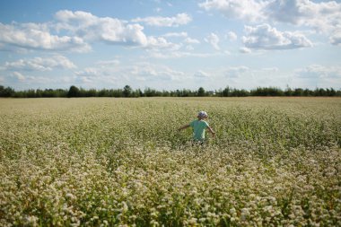 Neşeli çocuk çiçekli çayırda oynuyor. Çocuk açık havada eğleniyor. Yaz, tatil, çocukluk kavramı