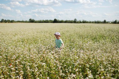Neşeli çocuk çiçekli çayırda oynuyor. Çocuk açık havada eğleniyor. Yaz, tatil, çocukluk kavramı