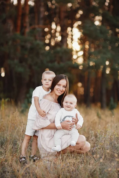 Jovem Mãe Abraçando Seus Dois Filhos Pequenos Férias Família Parque — Fotografia de Stock
