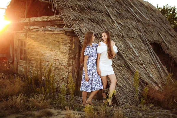 Glückliches Lesbisches Paar Junger Mädchen Die Auf Dem Rasen Sommerpark — Stockfoto