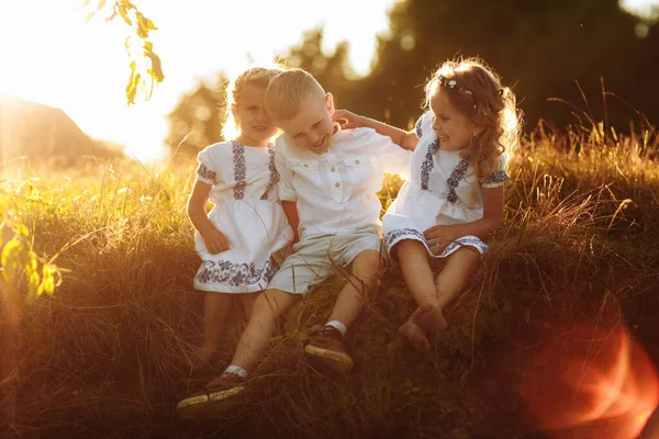 Děti, chlapci a dívky si hrají, vtipkují, baví se při západu slunce v parku na zelené trávě. Dětské hry, volný čas. šťastné dětství — Stock fotografie