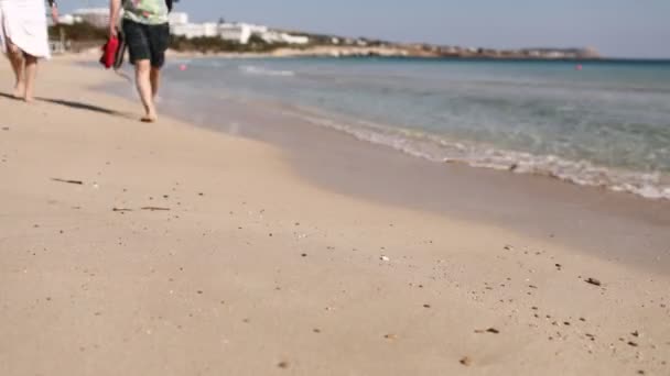 Vista della sabbia della riva del mare nella soleggiata giornata estiva, dove i turisti a piedi. Sullo sfondo delle onde del mare lavare tranquillamente la riva. Scadenza temporale — Video Stock