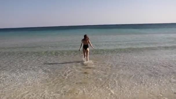 Joven Mujer Está Usando Traje Baño Negro Gafas Sol Agua — Vídeos de Stock