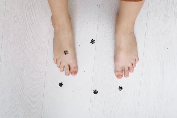 Child Legs Little Plastic Spiders Happy Little Kid Playing Animal — Stock Photo, Image