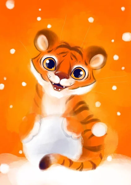 Söt Liten Tiger Illustration Med Snöboll — Stockfoto