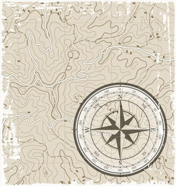 Mapa topograficzna z kompasem — Wektor stockowy