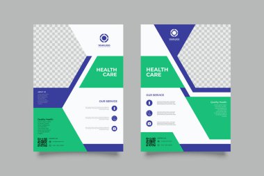 Tıbbi broşür seti, yıllık rapor, A4 boyutunda el ilanı tasarım şablonları. Tıbbi, sağlık, eczane sunumu, belge kapağı ve şablon tasarımları için vektör illüstrasyonları.