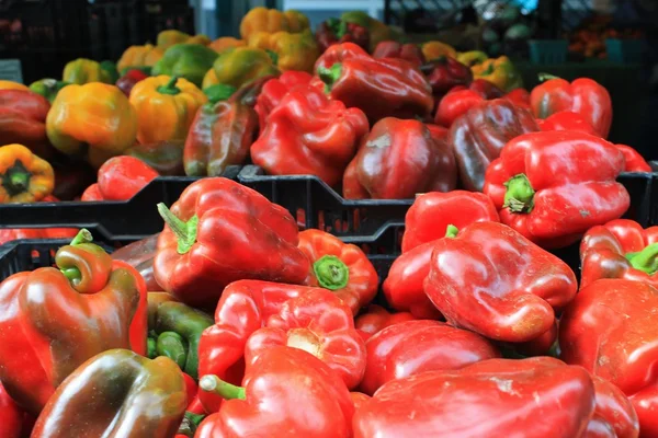 Rode, groene en gele paprika's op een boeren-markt — Stockfoto