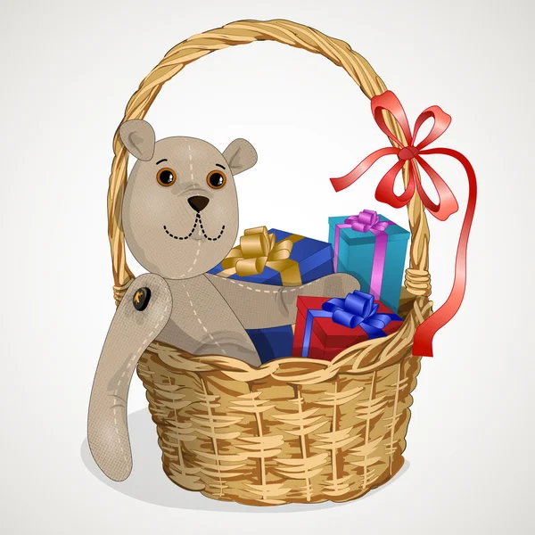 Spielzeug-Teddybär in einem Weidenkorb Geschenke2 — Stockvektor