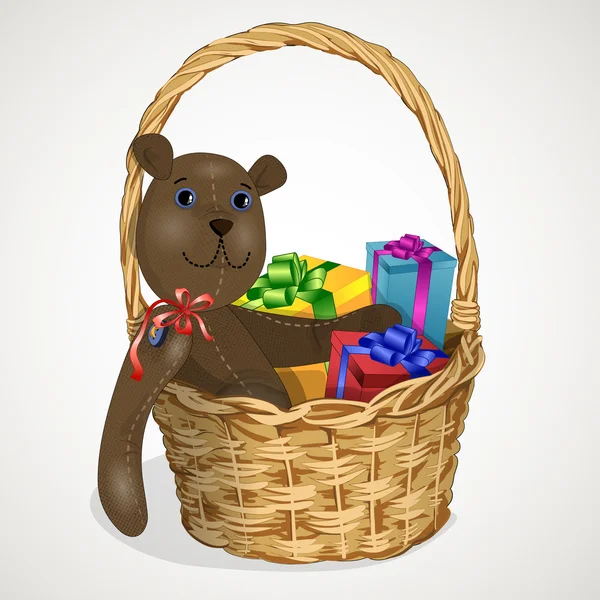 Speelgoed-teddybeer in een rieten mand gifts1 — Stockvector