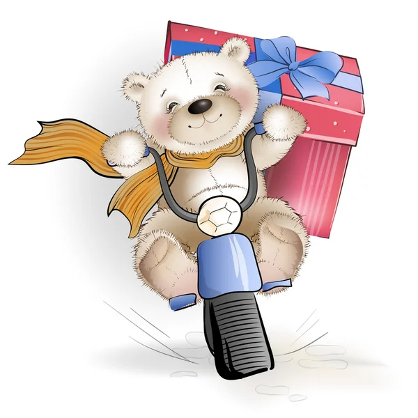Ведмідь йде з подарунком у коробці на мотоциклі — стоковий вектор