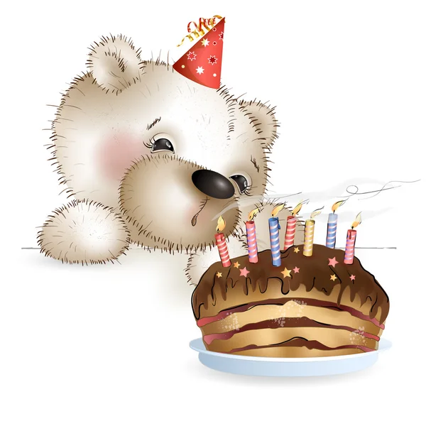 Bears blows out candles on the cake — Stock Vector