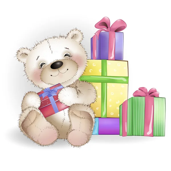 Orso sorridente è seduto con scatole regalo — Vettoriale Stock
