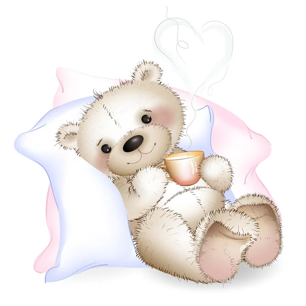 Um urso deitado na cama em almofadas —  Vetores de Stock