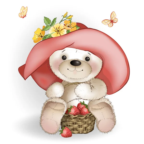 Ours souriant dans le grand chapeau assis avec un panier de fraise — Image vectorielle