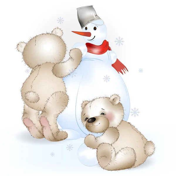 Two Bears make a snowman — Stock Vector