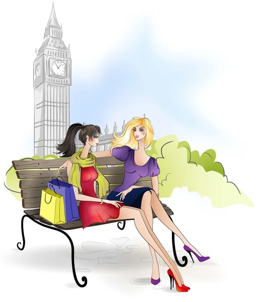 Girlfriend sitting on the bench in London — Stock Vector