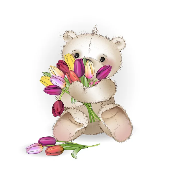 Smiling Bear is sitting with a bouquet — Stock Vector